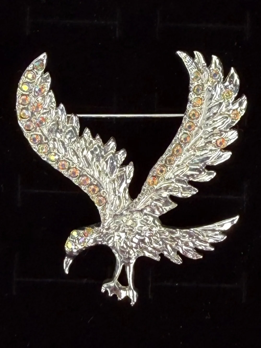 Iridescent Silvertone Eagle Brooch Pin Sparkling Winged Bird Accent